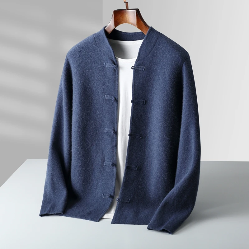 Autumn and winter new 100% merino wool men's cardigan retro Tang suit casual cashmere sweater knitted padded jacket