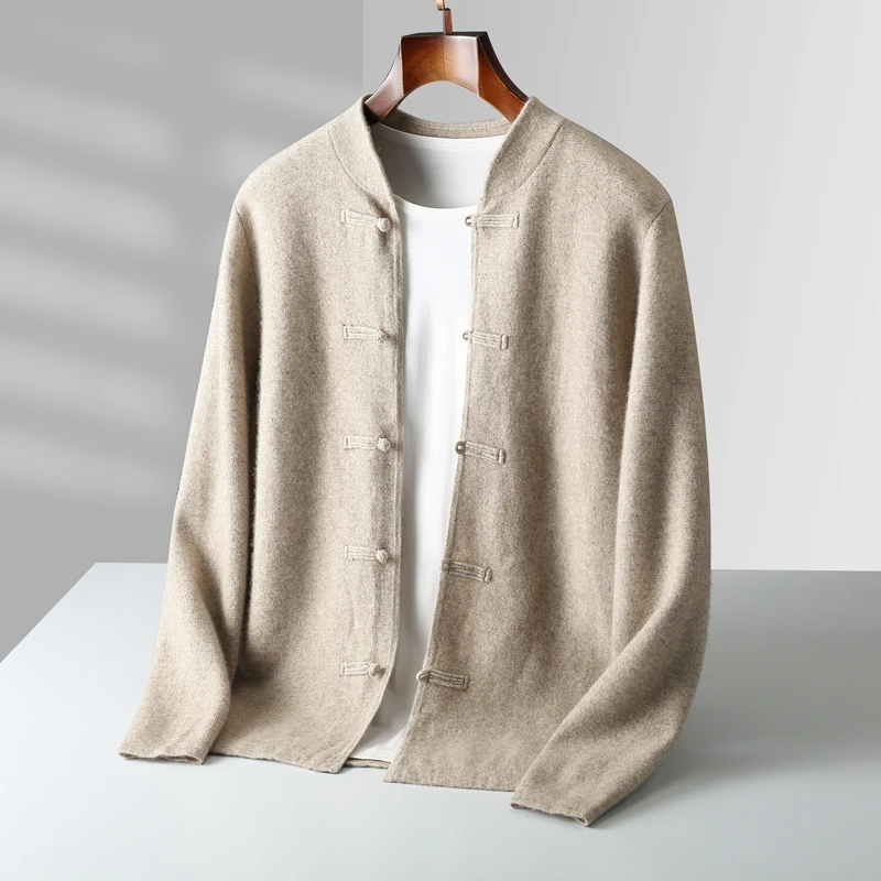 Autumn and winter new 100% merino wool men's cardigan retro Tang suit casual cashmere sweater knitted padded jacket - Image 2