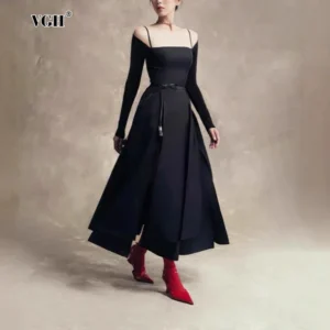 VGH Solid Designer Split Camisole Long Dress for Women Square Collar Long Sleeve High Waist Irregular Temperament Dresses Female